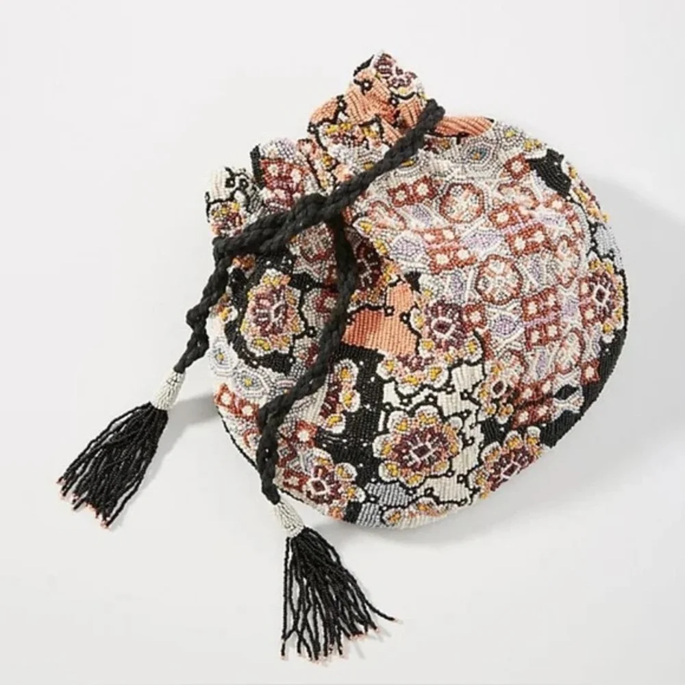 NWT by Anthropologie Beaded Tassel Boho Embroidered Drawstring Bag Chain Strap​​
